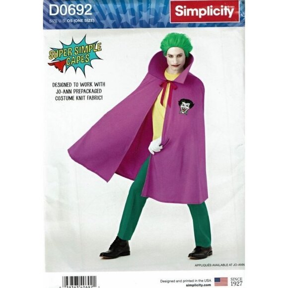 Simplicity Sewing Pattern D0692 Joker Cape Costume Adult Teen Unisex One Size - Picture 1 of 2